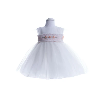Abito Marlù bianco con applicazioni floreali rosa e gonna in tulle