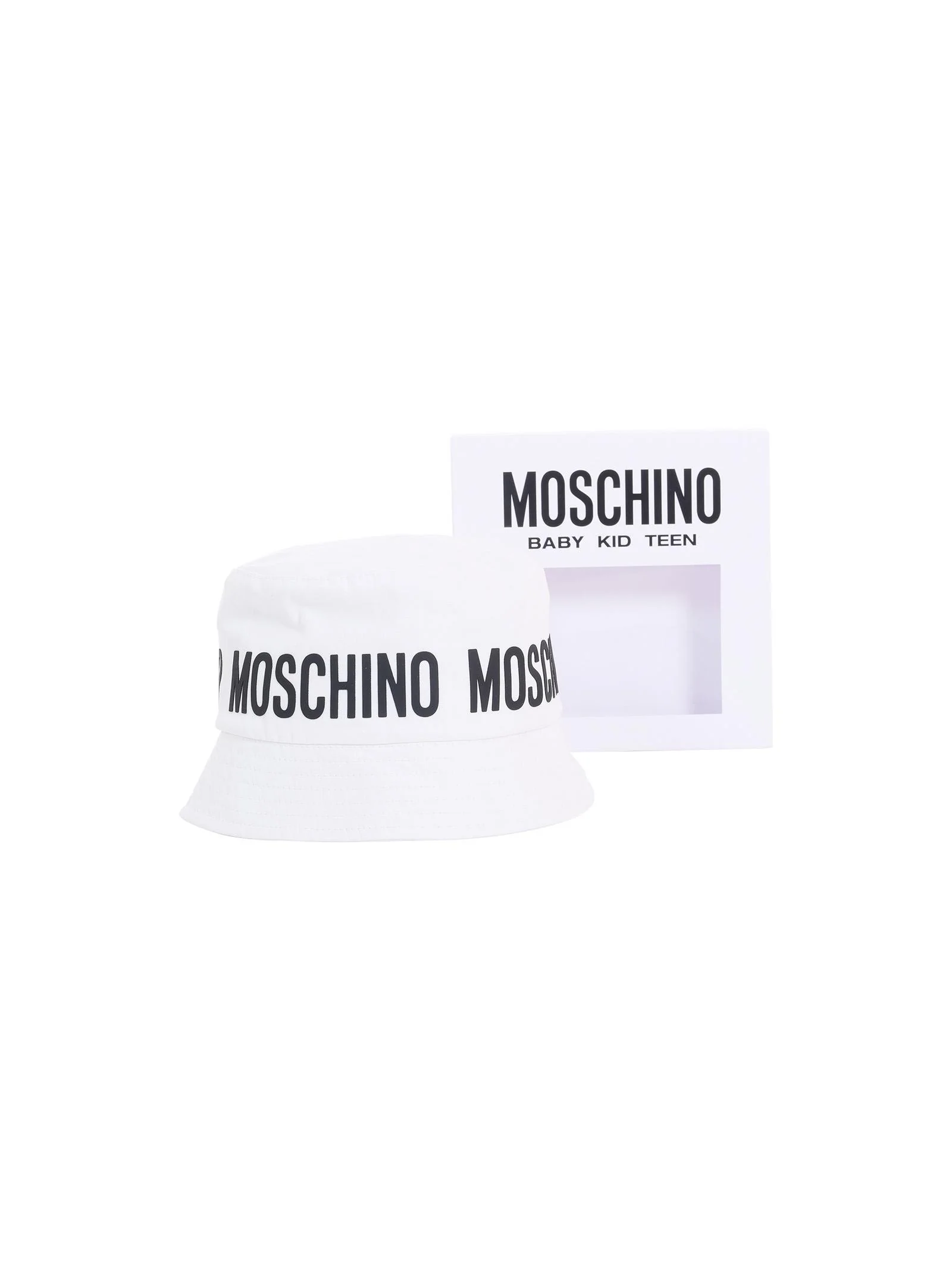 Cappellino pescatore Moschino bianco con logo frontale e posteriore